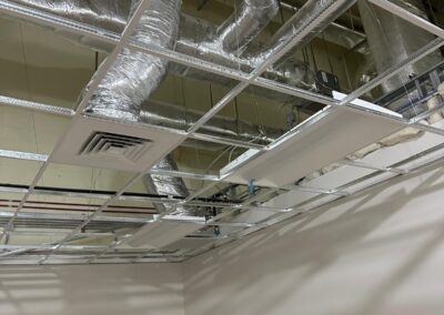 Industrial ceiling with insulated ductwork and a suspended grid system.